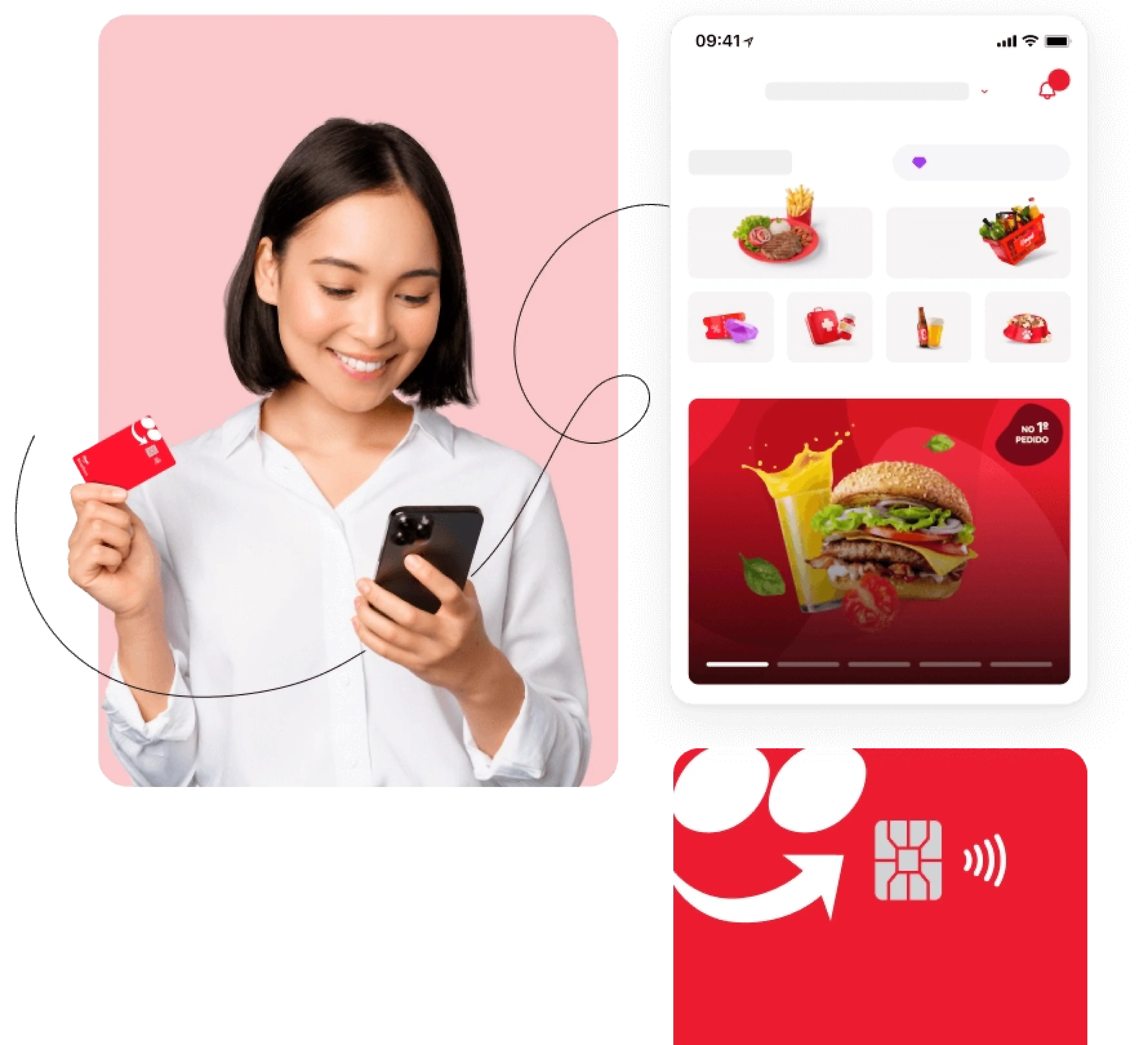 Mulher segurando cartão do iFood Benefícios na mão esquerda e um celular na mão direita